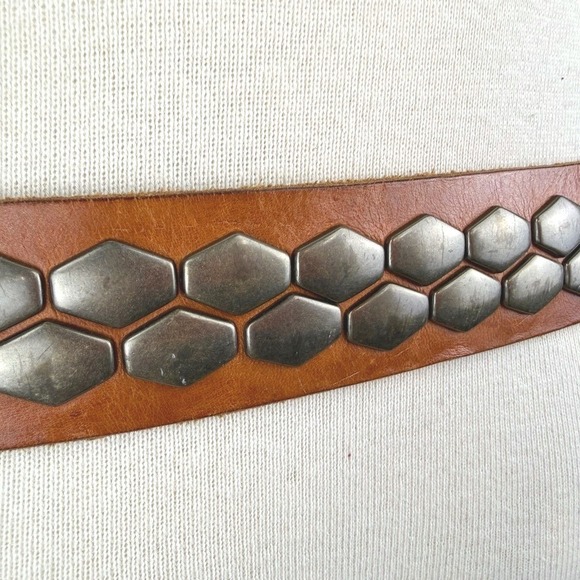 Vintage Studded Tan Leather Belt (36) Brass Hex Grunge Boho Western Festival - Picture 8 of 8